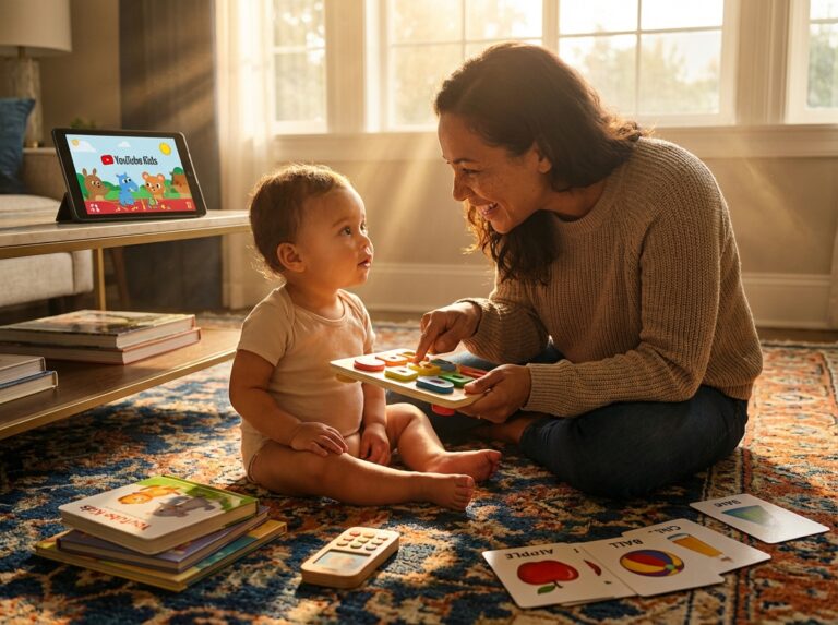 Toddler and parent co watching a speech focused kids video on a tablet while playing with toys and labeling words