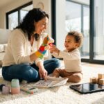 Caregiver modeling words with a toddler during play using books, a puppet, blocks and a toy phone in a warm home setting