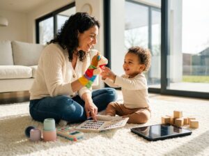 Caregiver modeling words with a toddler during play using books, a puppet, blocks and a toy phone in a warm home setting
