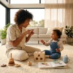 Parent and toddler using baby sign language during playtime at home, parent signing and child responding