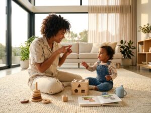 Parent and toddler using baby sign language during playtime at home, parent signing and child responding