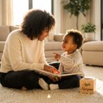 Parent and toddler reading and pointing at pictures together on a rug surrounded by toys, warm home setting
