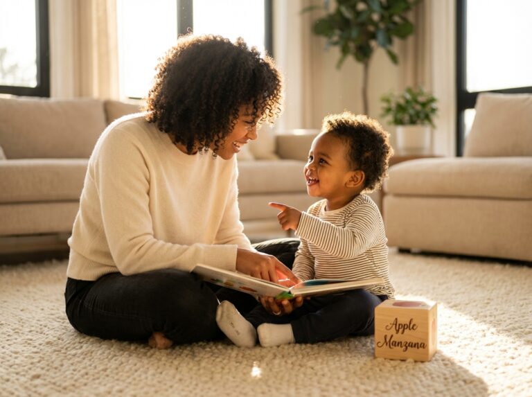 Parent and toddler reading and pointing at pictures together on a rug surrounded by toys, warm home setting