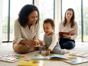 Parent and toddler engaged in playful speech activity with a friendly speech-language pathologist observing in a bright home setting