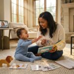 Parent and toddler playing with books and toys while the parent models words; bright home setting illustrating speech and language support