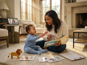 Parent and toddler playing with books and toys while the parent models words; bright home setting illustrating speech and language support