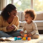 Parent and toddler sitting on a living room floor playing with blocks and picture cards, making eye contact while practicing speech together in a warm, sunlit home environment