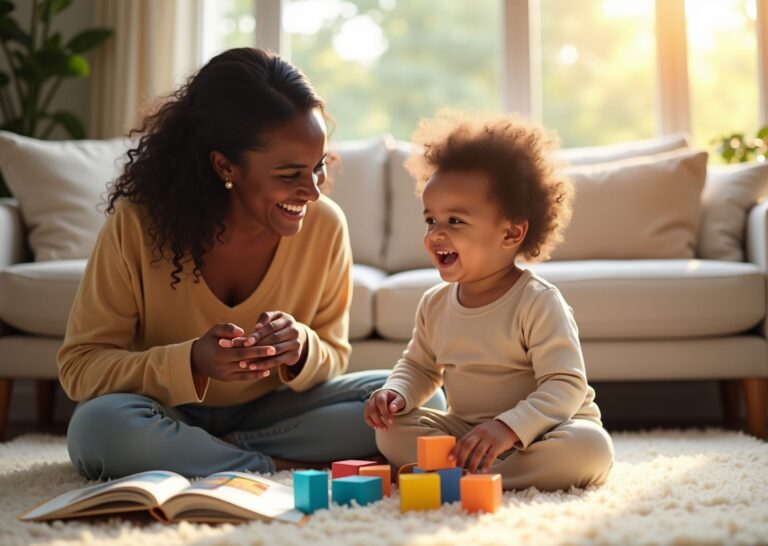 Parent and toddler sitting on a living room floor playing with blocks and picture cards, making eye contact while practicing speech together in a warm, sunlit home environment