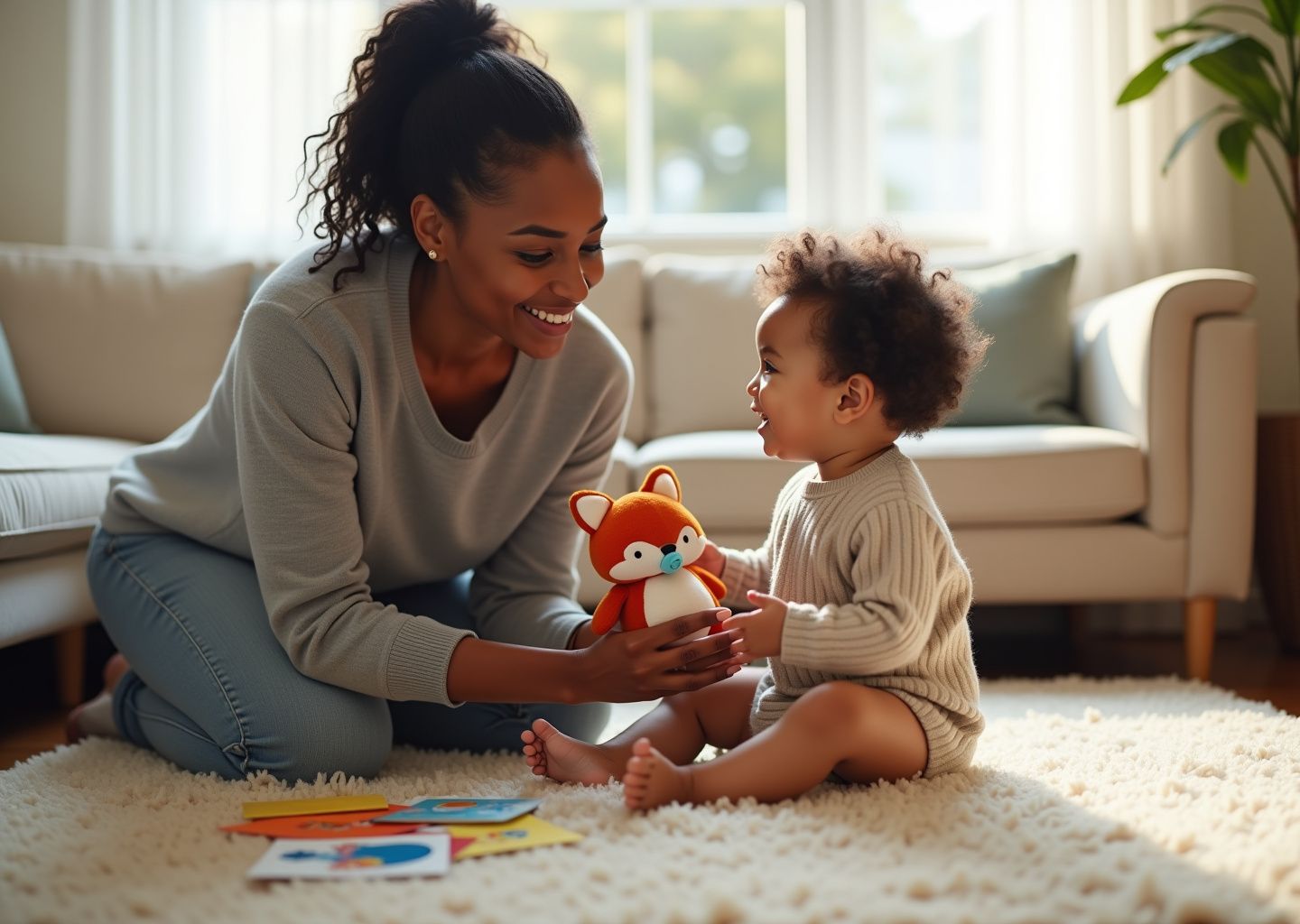 Caregiver gently removing a toddler’s pacifier while offering a soft toy and picture book, illustrating a calm weaning moment and speech-building play