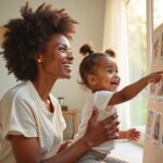 Caregiver and toddler pointing at a colorful visual schedule with photo cards and word labels in a bright home playroom