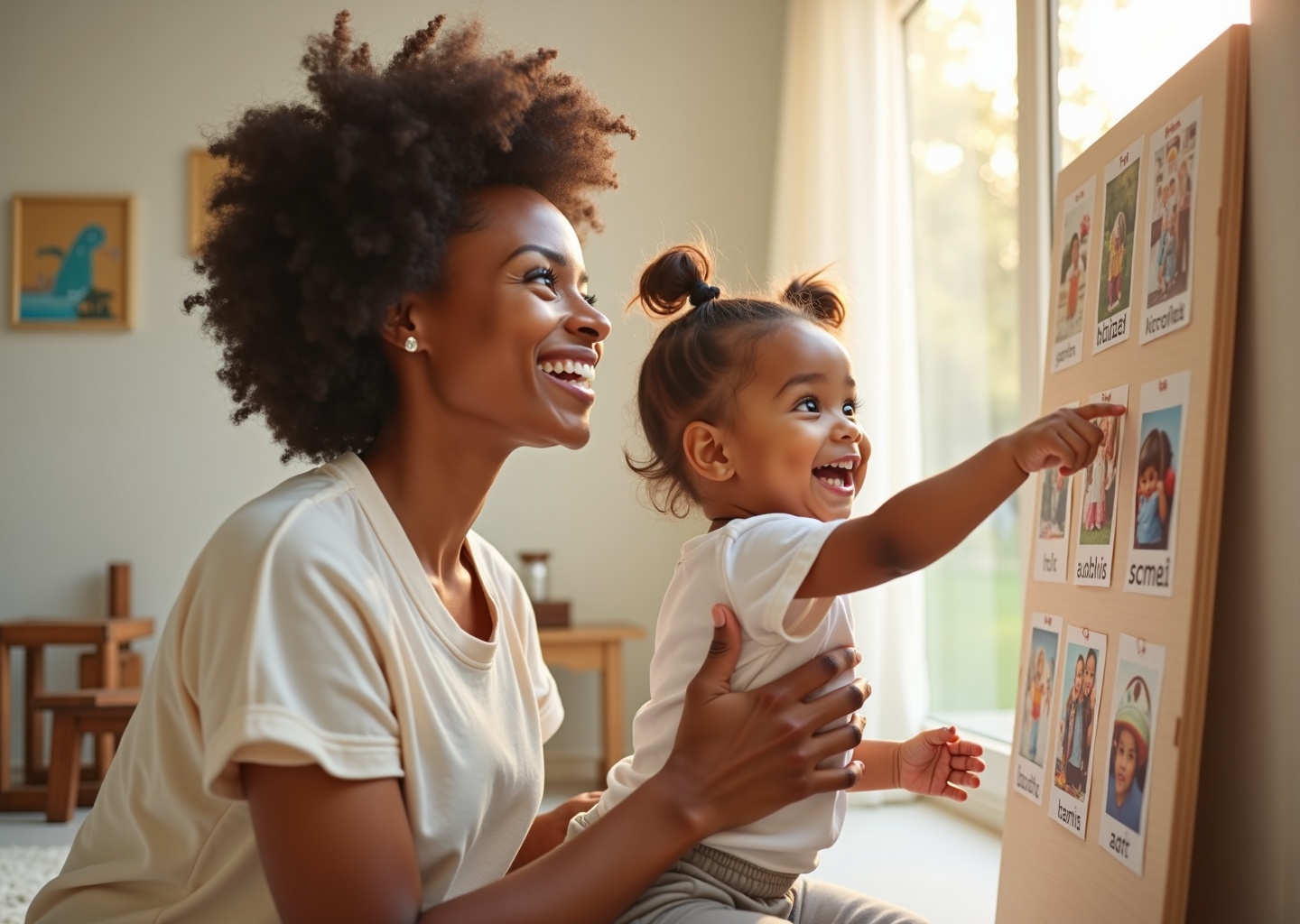 Caregiver and toddler pointing at a colorful visual schedule with photo cards and word labels in a bright home playroom