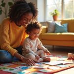 Parent and 3-year-old playing with picture cards and book on a colorful rug while practicing words, with a visible speech log notebook nearby