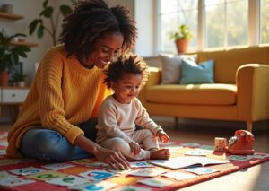 Parent and 3-year-old playing with picture cards and book on a colorful rug while practicing words, with a visible speech log notebook nearby