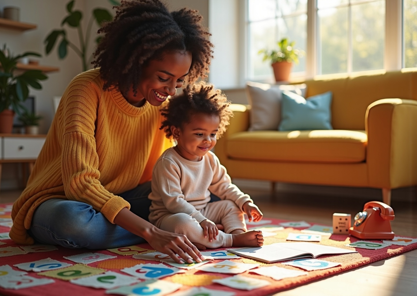 Parent and 3-year-old playing with picture cards and book on a colorful rug while practicing words, with a visible speech log notebook nearby