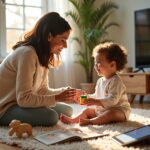 Toddler and caregiver playing and talking together at home with toys and a book; screens are turned off in the background to emphasize face-to-face interaction.