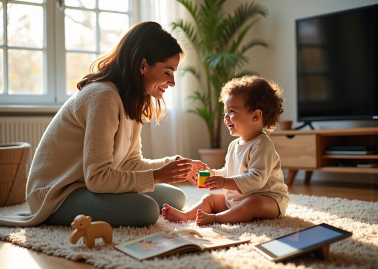Toddler and caregiver playing and talking together at home with toys and a book; screens are turned off in the background to emphasize face-to-face interaction.