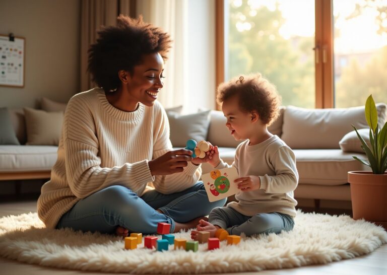 Parent and toddler playing with picture cards as the toddler echoes a word, in a cozy home setting