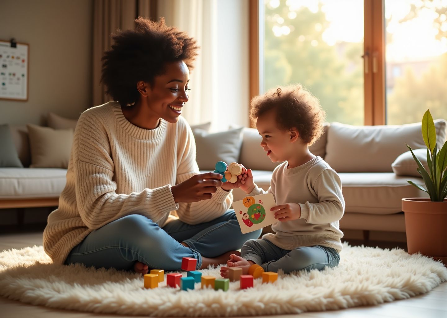 Parent and toddler playing with picture cards as the toddler echoes a word, in a cozy home setting