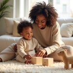 Parent and toddler on a rug reading picture books and playing with toys while the parent labels objects to help the child learn new words