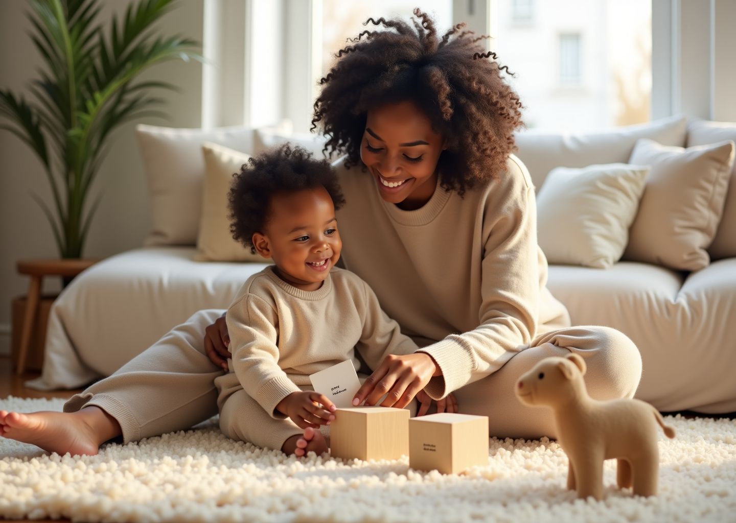 Parent and toddler on a rug reading picture books and playing with toys while the parent labels objects to help the child learn new words