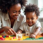 Toddler and caregiver playing with colorful sensory bins and vocabulary cards in a bright playroom