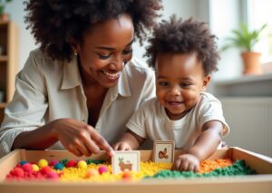 Toddler and caregiver playing with colorful sensory bins and vocabulary cards in a bright playroom