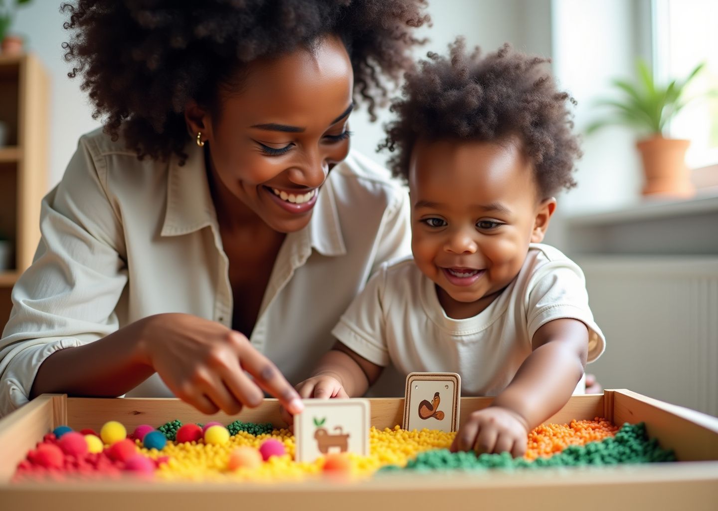 Toddler and caregiver playing with colorful sensory bins and vocabulary cards in a bright playroom